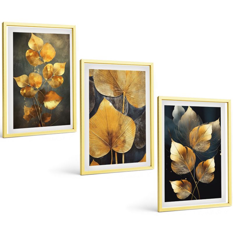 Galeria 3 Obrazów w Złotej Ramie ArtPrintCave 40x60 cm Komplet ścienny Liście żółte ciemne tło 1 kpl.