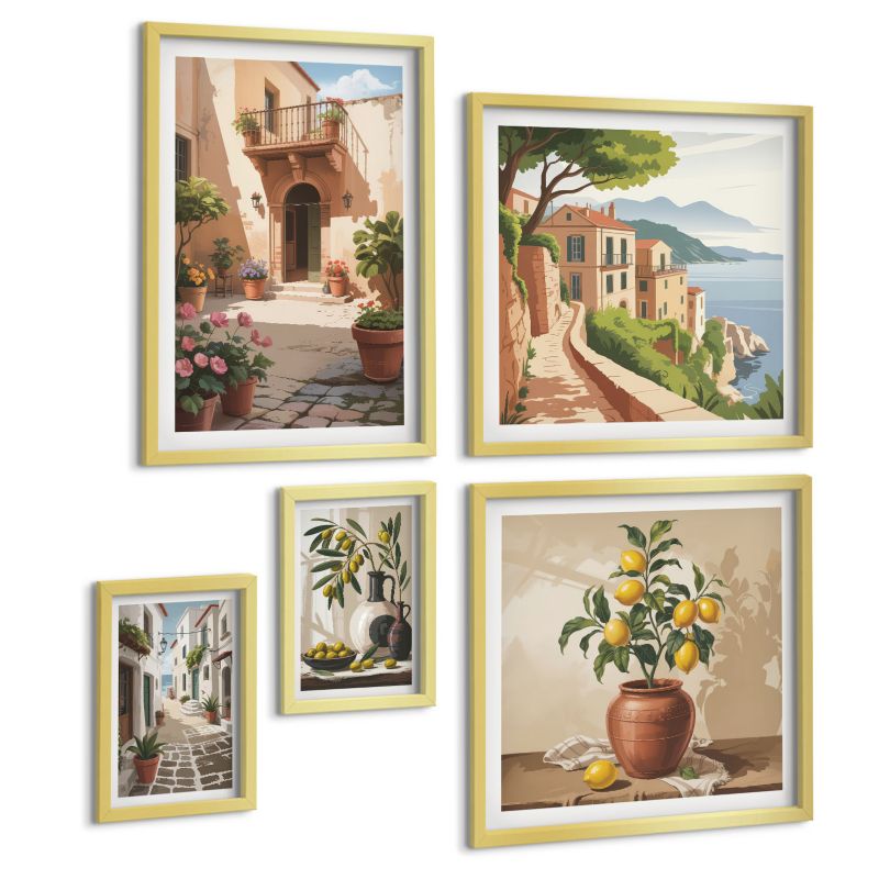 Pięcioczęściowy Zestaw Obrazów ArtPrintCave (2x50x50+2x20x30+40x60cm) Złota rama Rośliny donice cytryny uliczka 1 kpl.