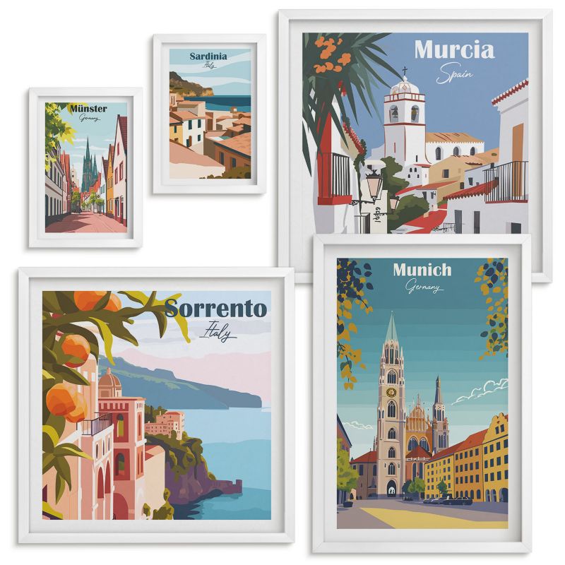 Set Obrazów w Ramie Wallfluent Miasta retro ilustracje Biała rama 5 szt.