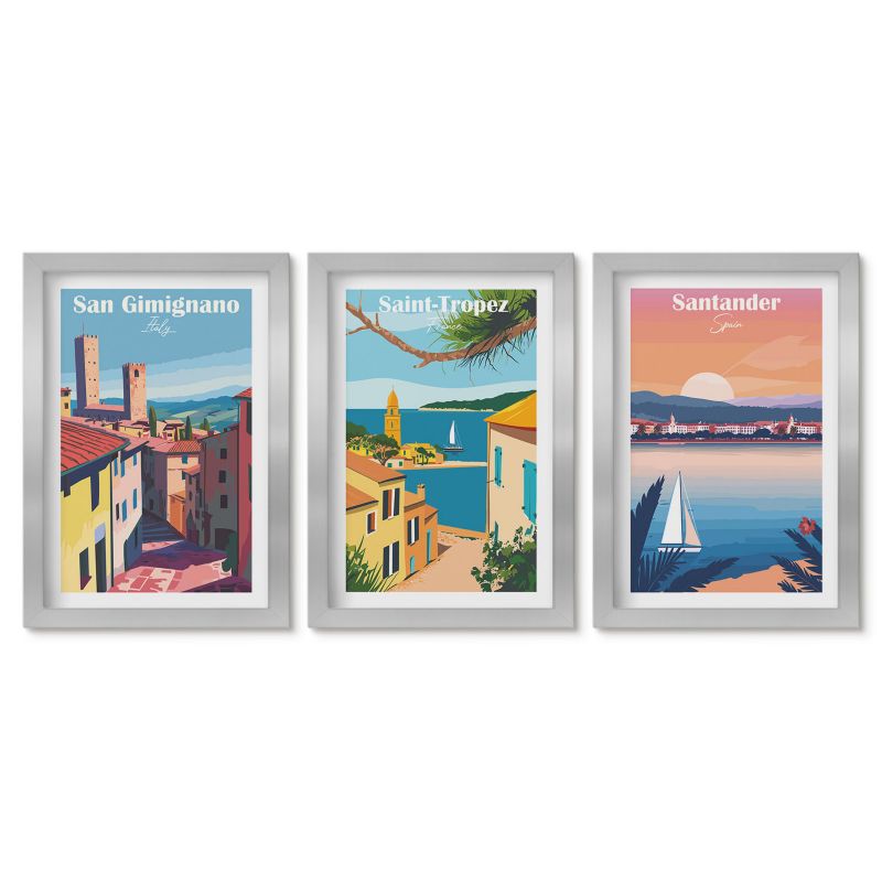 Zestaw 3 obrazów w srebrnej ramie Tulup 20x30 cm Włoskie miasteczka krajobrazy Galeria ścienna 1 kpl