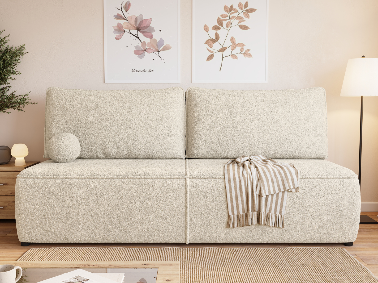 Sofa rozkładana z funkcją spania i pojemnikiem na pościel FELIA boucle