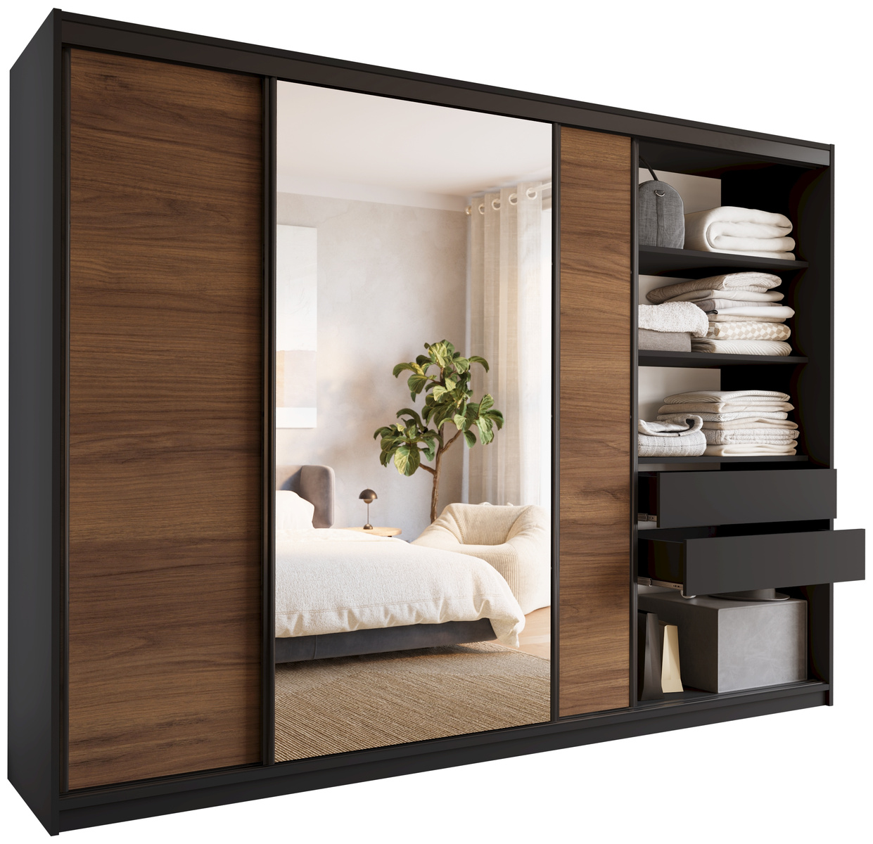 Szafa przesuwna z lustrem 280 cm do sypialni LOFT orzech
