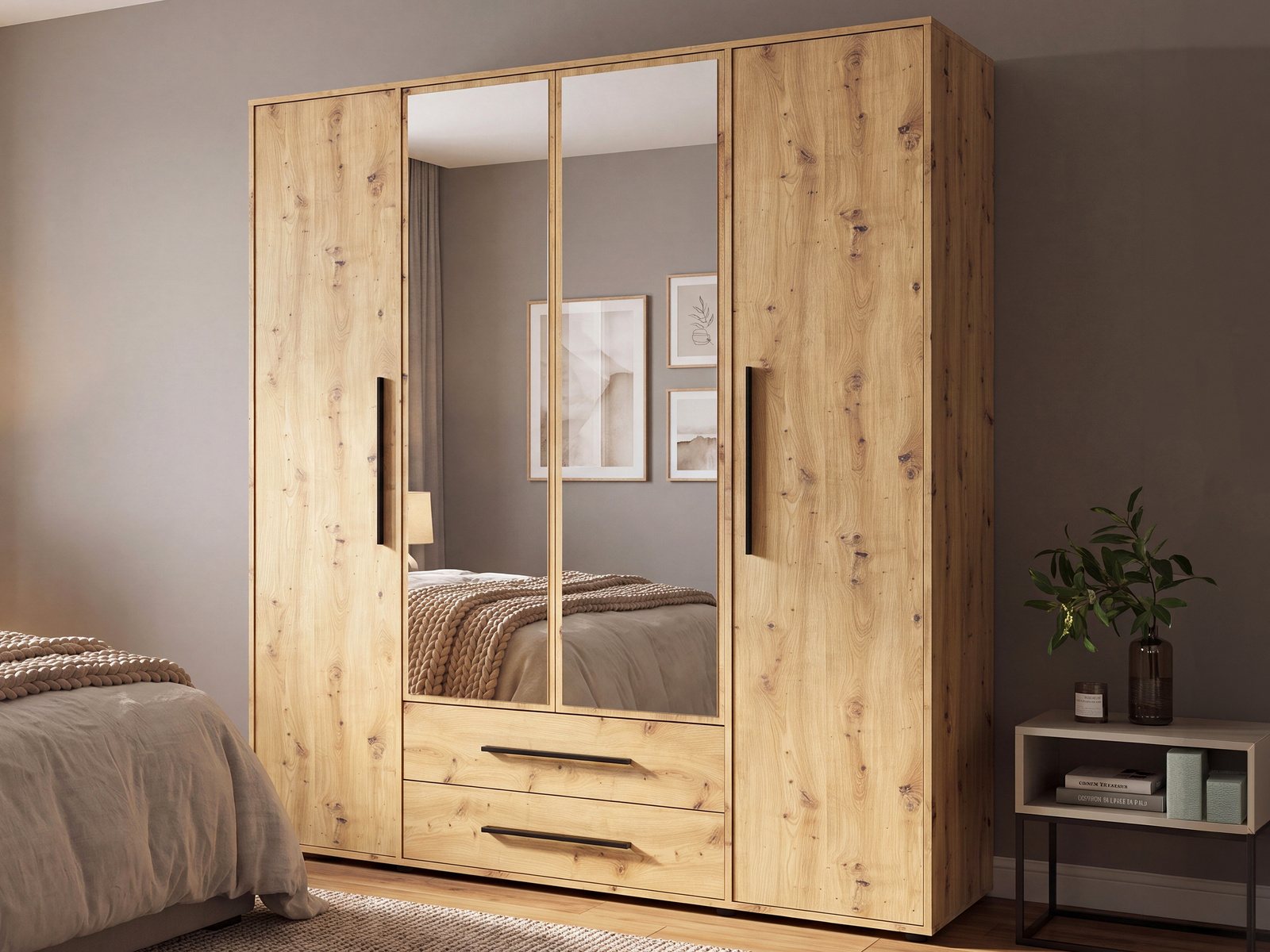 Szafa czterodrzwiowa z lustrem 200 cm do sypialni dąb artisan MAXIDO