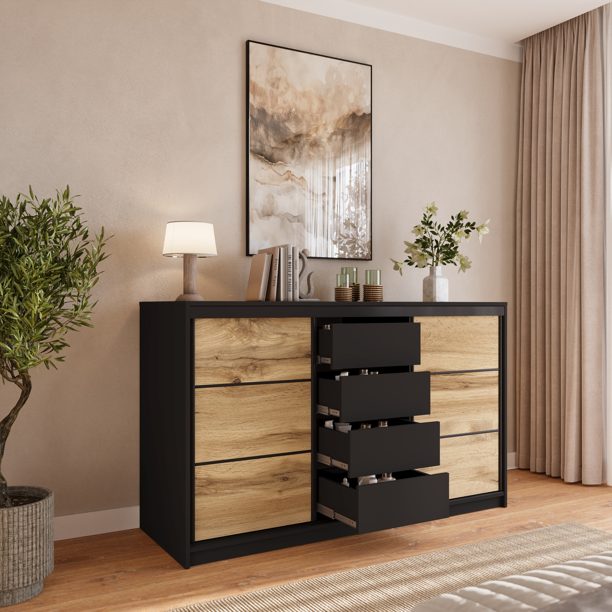 Trzydrzwiowa komoda do sypialni 180 cm z drążkiem LOFT
