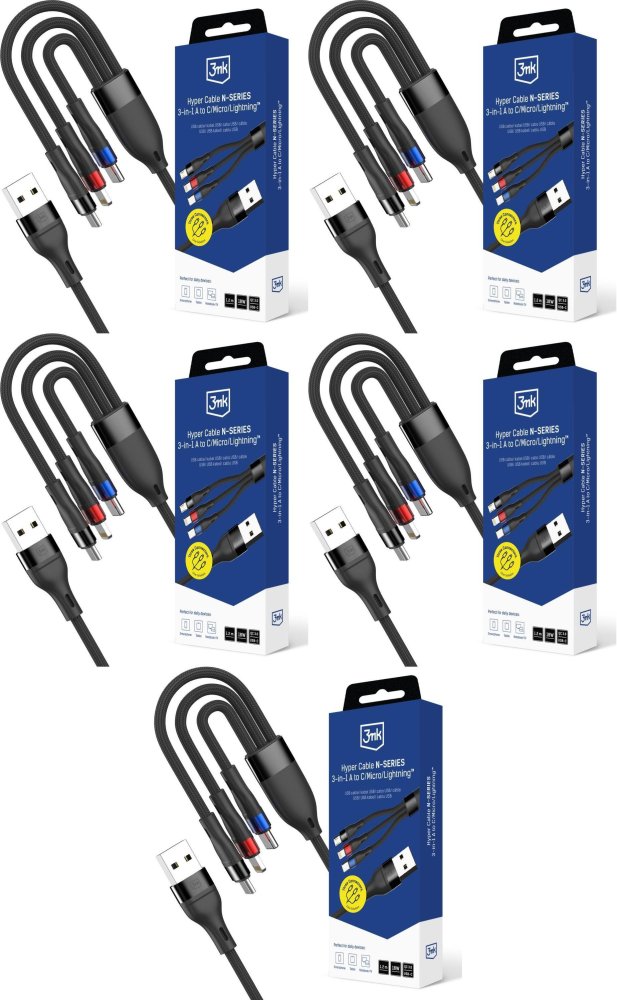 5x Kabel USB 3mk Hyper Cable N-SERIES 3 w 1, USB-A- USB-C/Lightning/microUSB, 1.2m, czarny