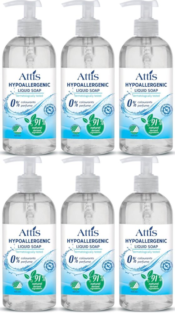 6x Mydło w płynie Attis Origen, hipoalergiczne, ekologiczne, z dozownikiem, 500ml