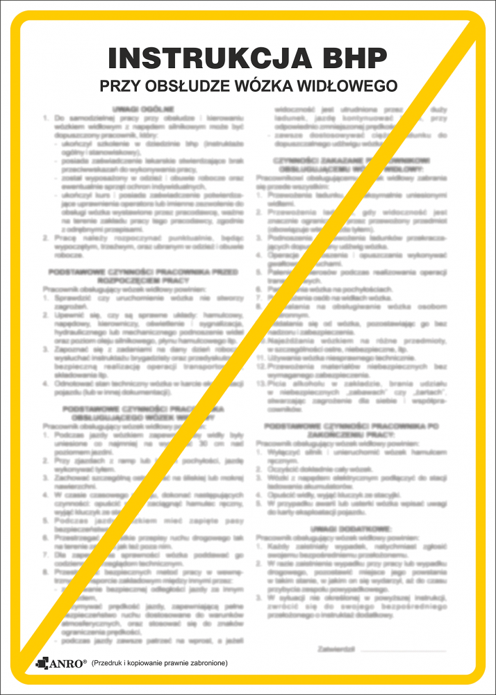 Tabliczka informacyjna Instrukcja BHP przy obsłudze wózków widłowych Anro, 25x35cm