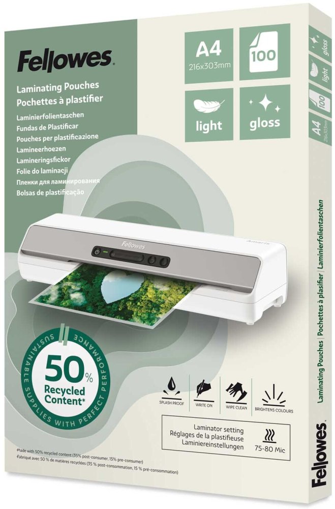 Folia do laminowania Fellowes ECO recycled, A4, light, błyszcząca, 100 sztuk