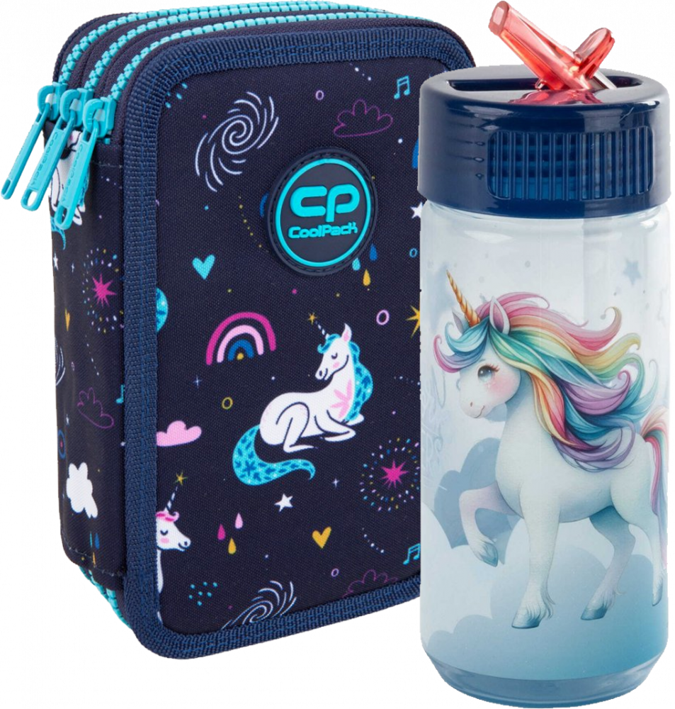Zestaw: Piórnik z wyposażeniem CoolPack Jumper 3 MRS Unicorn + Bidon na wodę Derform Jednorożec
