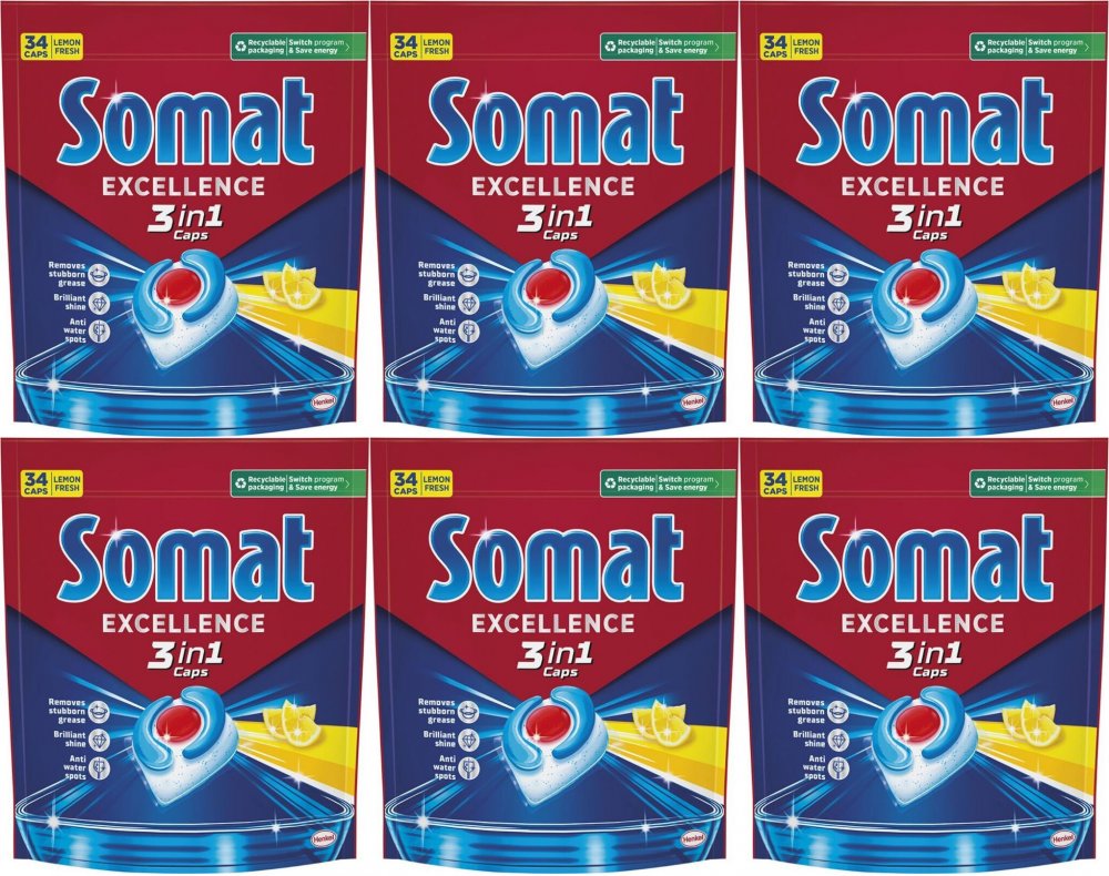 6x Kapsułki do zmywarek Somat Excellence 3w1 Lemon, 34 sztuki