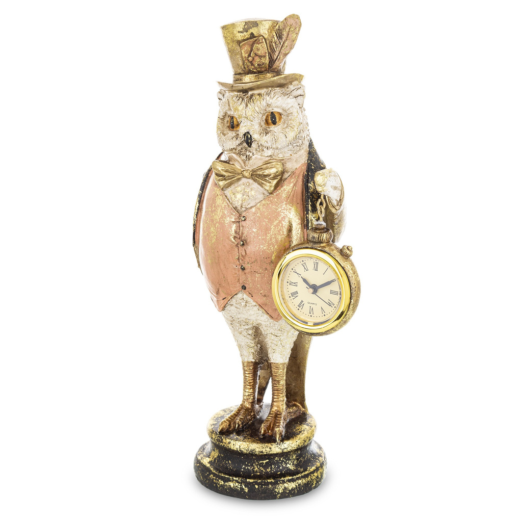 Figurka Antyk SOWA z zegarem różowa kamizelka 28,5 cm
