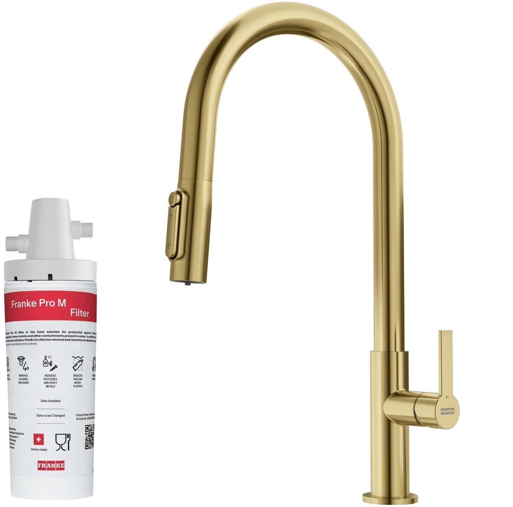 Zestaw Franke Maris Slim Clear Water J Pull-Out bateria kuchenna stojąca złota z zestawem startowym z filtrem (1500752886, 1200736601)