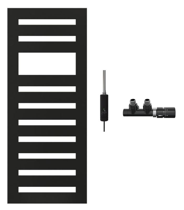 Zestaw Zehnder Metropolitan Spa grzejnik łazienkowy dekoracyjny 122x50 cm czarny z grzałką elektryczną 300 W i zestawem zaworowym ...