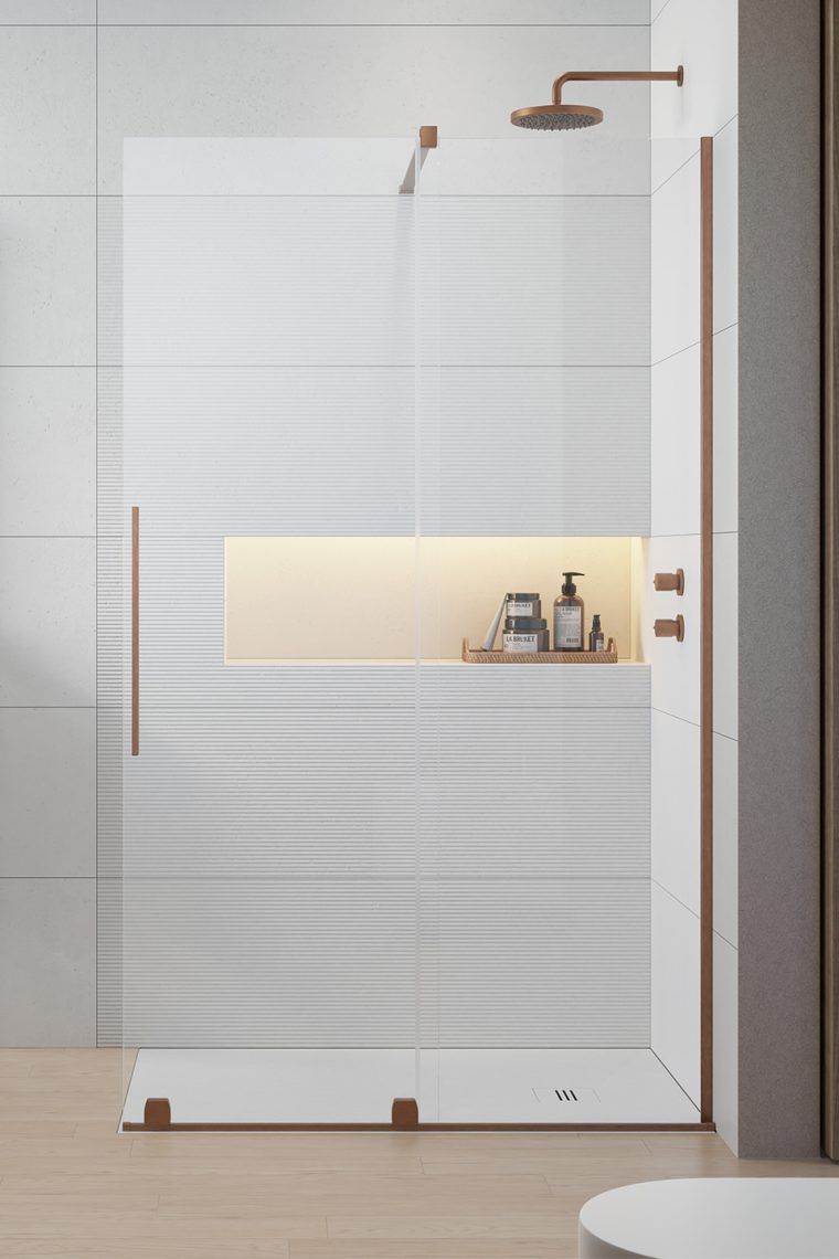 Radaway Furo Walk-In Brushed Copper drzwi ze ścianką 160 cm prawe wolnostojąca miedź szczotkowana/szkło przezroczyste ...