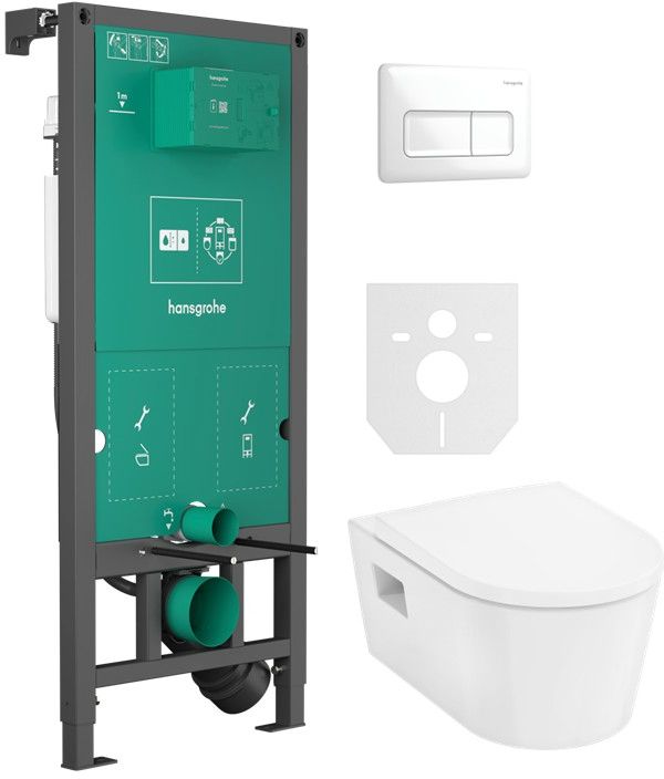 Zestaw Hansgrohe EluPura Original S miska z deską WC biała i stelaż podtynkowy z przyciskiem spłukującym biały (01022180, 66001450, ...