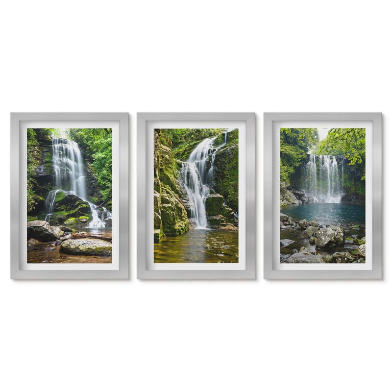 Zestaw 3 obrazów w srebrnych ramach Tulup 20x30 cm Wodospady zielone otoczenie Tryptyk 1 kpl
