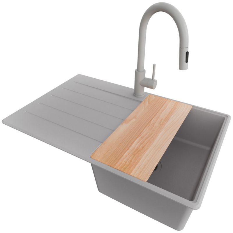 Zlewozmywak Granitowy Kopenhaga Top PRIMAGRAN Nablatowy 78x50cm, Cały Szary + Bateria + Syfon + Akcesorium, S362, 1 szt.