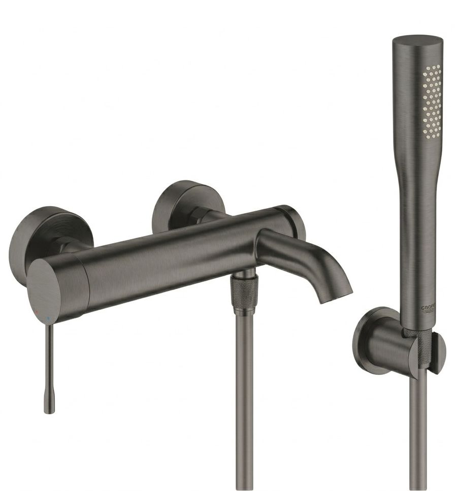Zestaw Grohe Essence bateria wannowo-prysznicowa ścienna z kompletem prysznicowym Brushed Hard Graphite (33624AL1, 28362A01,27074AL0, ...