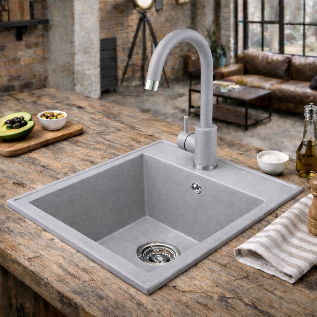 Ruvetti Tito Box zlewozmywak 50x40 cm z baterią szary LP_3200-TB4050GR_W - Wysyłka w 24h