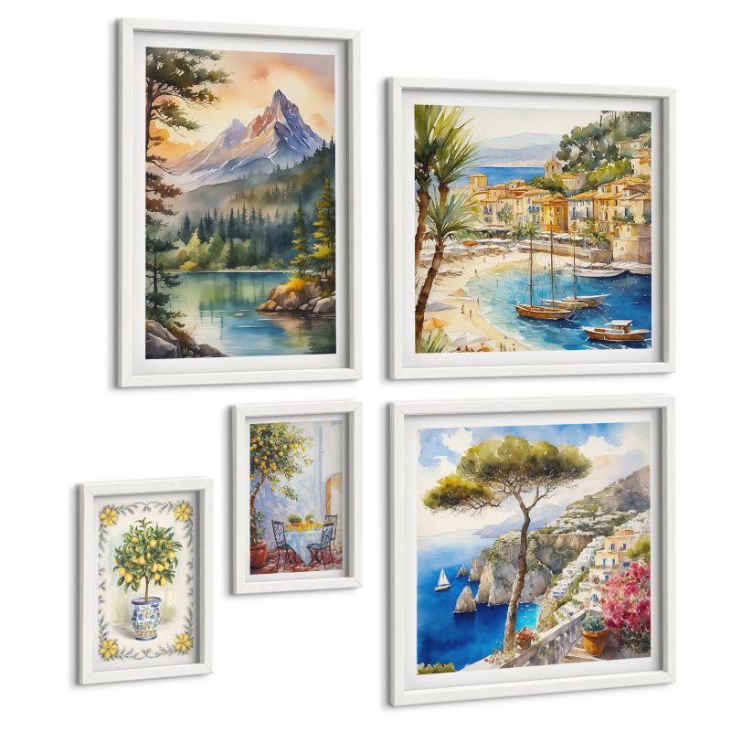 Komplet 5 Obrazów ArtPrintCave (2x50x50+2x20x30+40x60cm) Biała rama Drzewo cytrusowe owoce Włochy 1 kpl.