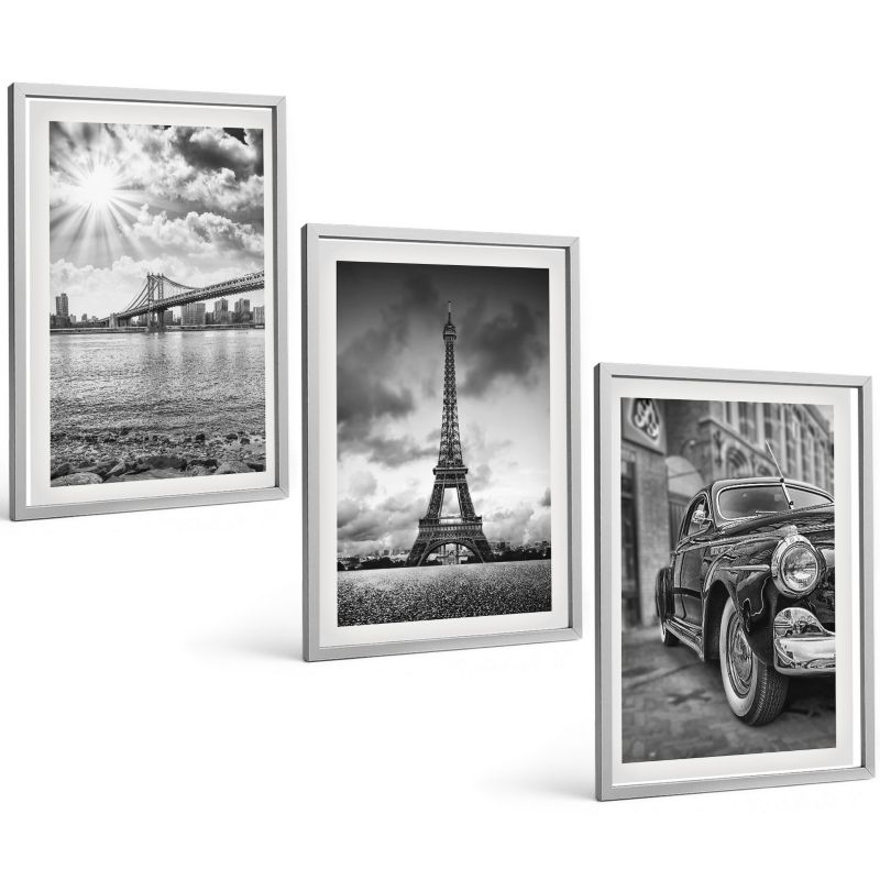 Komplet 3 Obrazów w Srebrnej Ramie ArtPrintCave 40x60 cm Grafika Ścienna Widoki miasta mosty wieża Eiffla 1 kpl.