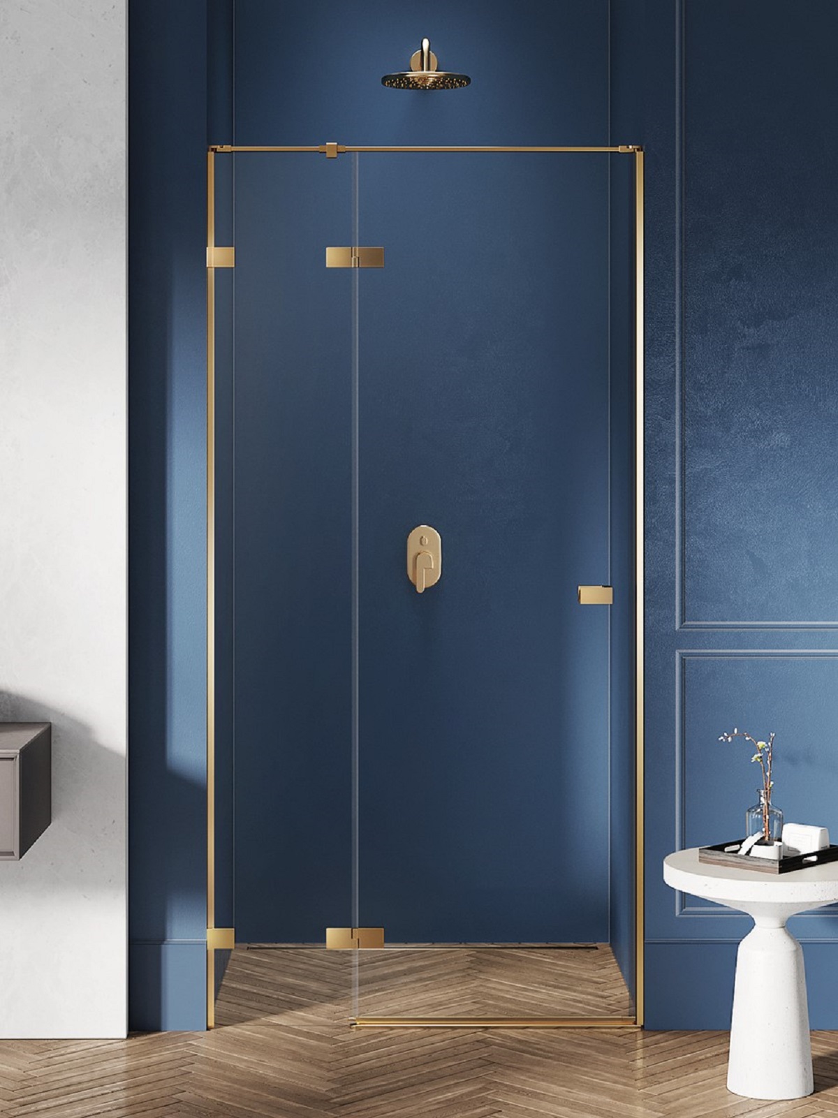 New Trendy Avexa Gold Brushed drzwi prysznicowe 140 cm uchylne lewe złoty szczotkowany/szkło przezroczyste EXK-1726