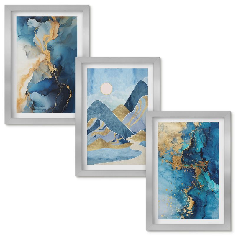 Obrazy do Salonu Wallfluent Niebieskie góry abstrakcyjne wzory Srebrna rama 20x30cm 3 szt.