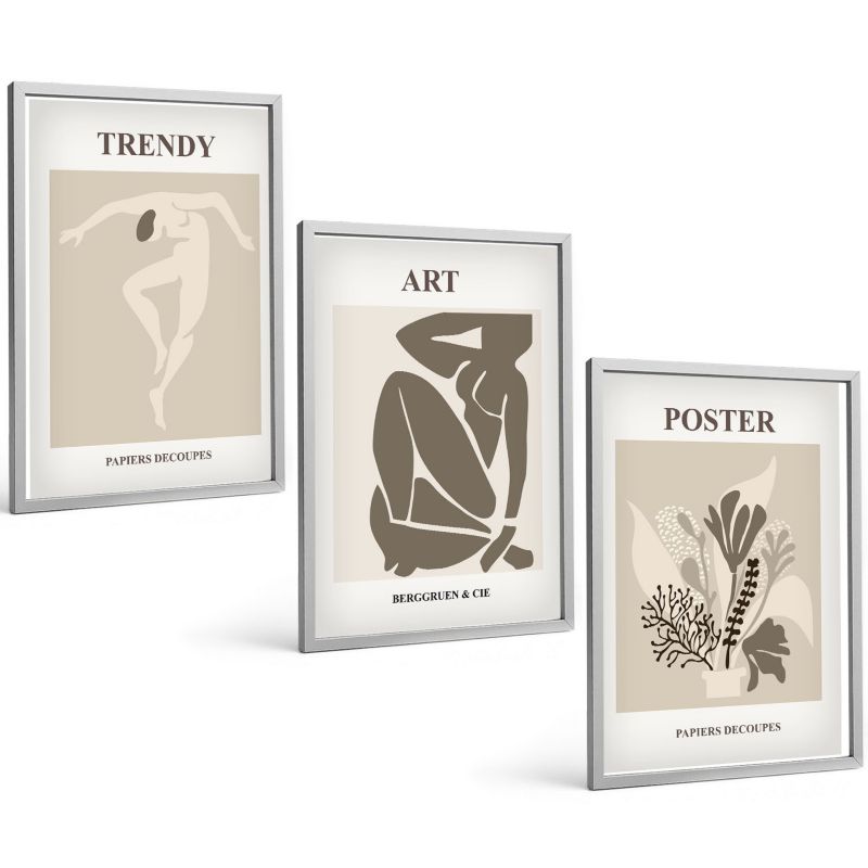 Zestaw 3 Obrazów w Srebrnej Ramie ArtPrintCave 40x60 cm Galeria Ścienna Figury roślinne Matisse 1 kpl.