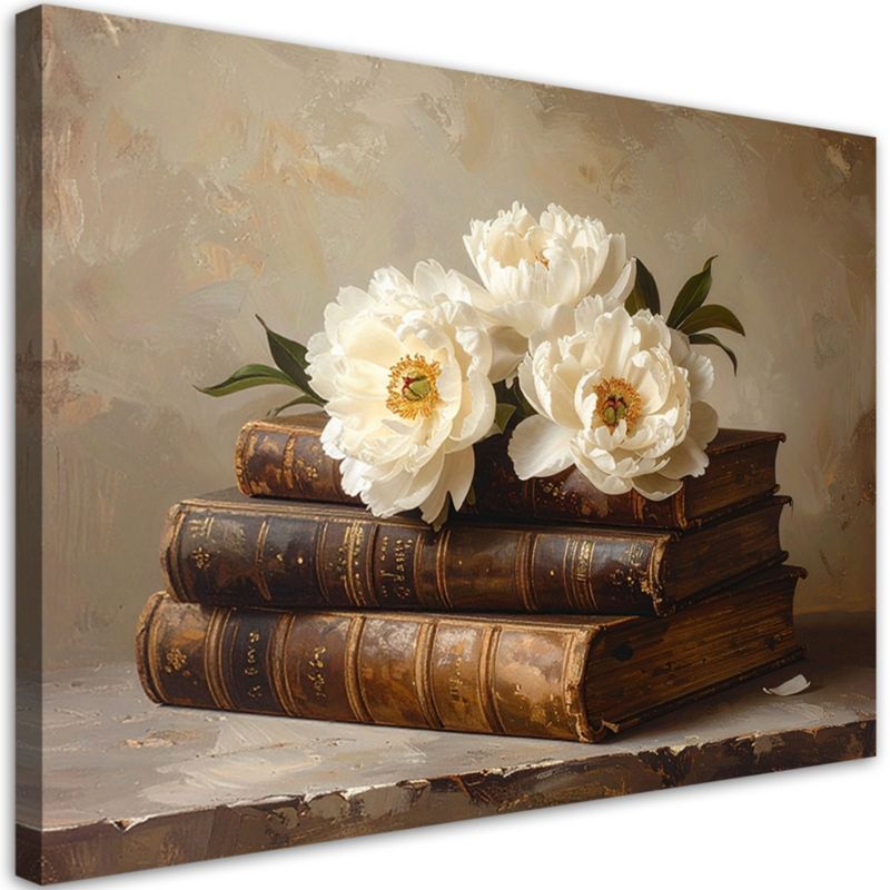Obraz do salonu sypialni biura kuchni Feeby Kwiaty piwonie ksiązki vintage 90x60cm 1szt