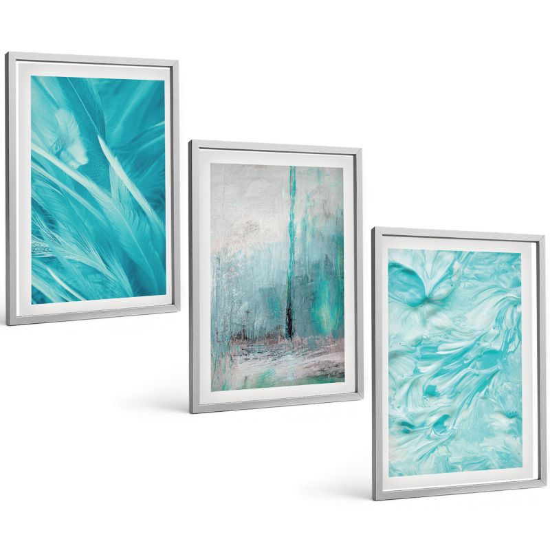 Galeria 3 Obrazów w Srebrnej Ramie ArtPrintCave 40x60 cm Komplet ścienny Błękitne odcienie wzory abstrakcyjne 1 kpl.