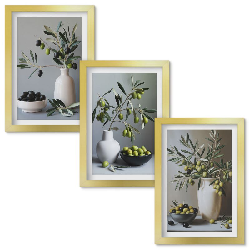 Set Obrazów w Ramie Wallfluent Oliwki w wazonach stonowane Złota rama 20x30cm 3 szt.