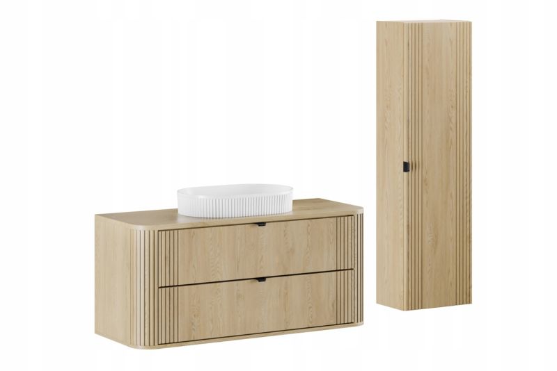 Szafka pod umywalkę i słupek Furnidea 120 cm dąb Cremona ryflowany Ovalia zestaw