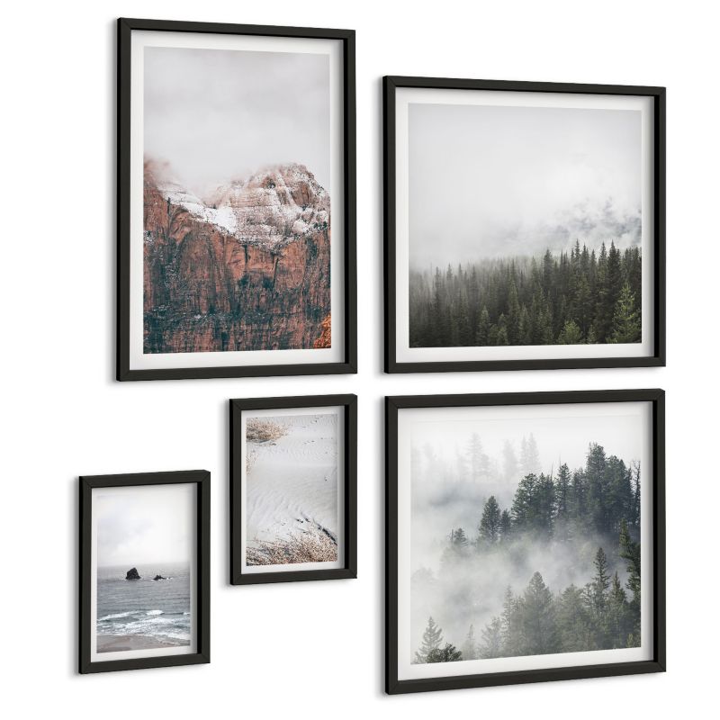 Zestaw 5 Obrazów ArtPrintCave (2x50x50+2x20x30+40x60cm) Czarna rama Abstrakcyjne fale szarość pastel 1 kpl.
