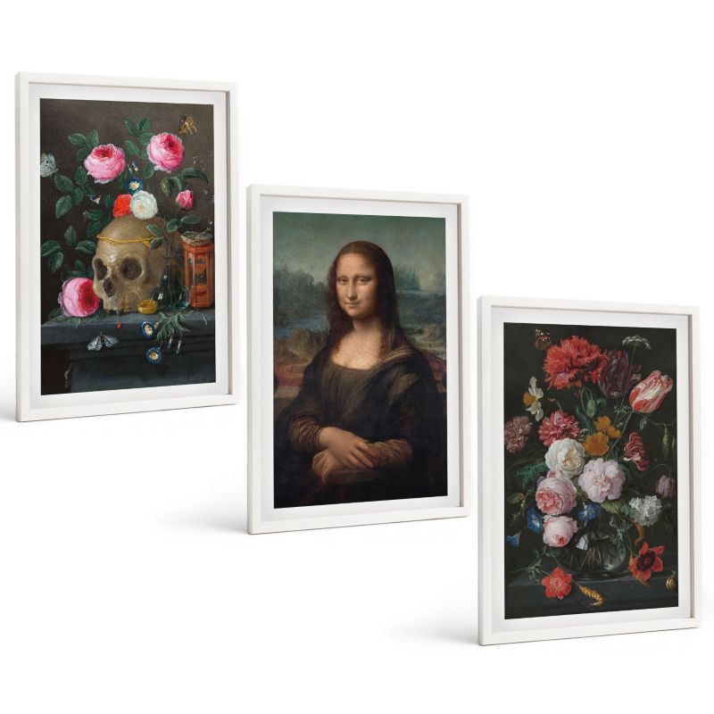 Komplet 3 Obrazów w Białej Ramie ArtPrintCave 40x60 cm Grafika Ścienna Kwiaty czaszka portret Mona Lisy 1 kpl.