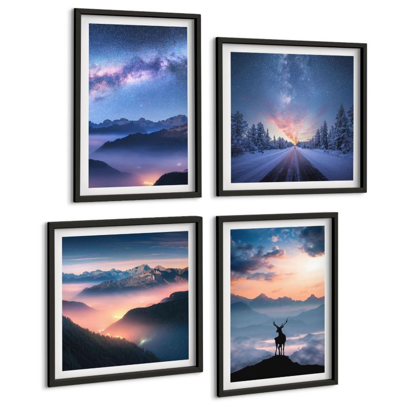 Czteroczęściowy Zestaw Obrazów ArtPrintCave (2x50x50+2x40x60cm) Czarna rama Nocne niebo góry mgła jeleń 1 kpl.