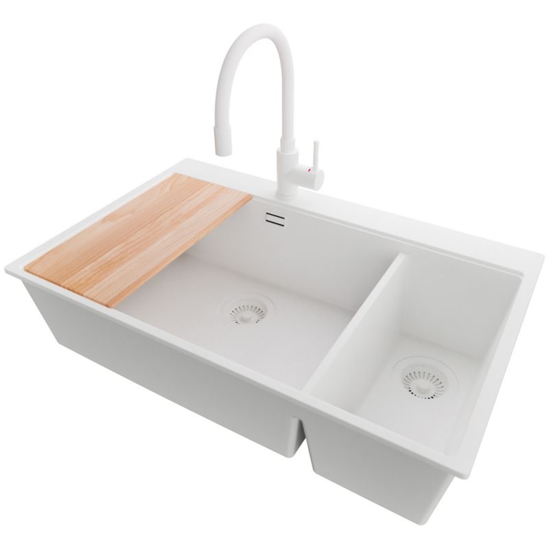 Zlewozmywak Granitowy Oslo Duo Top PRIMAGRAN Nablatowy 78x50cm, Cały Biały + Bateria + Syfon + Akcesorium, S102, 1 szt.