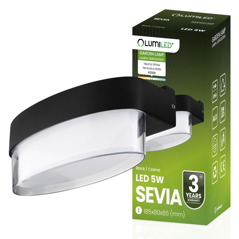 Lampa Elewacyjna LED Lumiled Zewnętrzna Ścienna Kinkiet Ogrodowy 4000K 5W IP54 Czarna 1 szt.