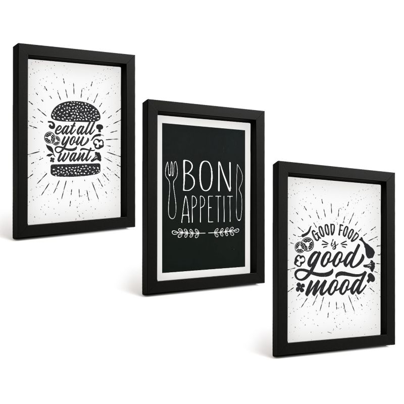 Komplet 3 Obrazów w Czarnej Ramie ArtPrintCave 20x30 cm Grafika Ścienna Grafika jedzenie hasła kulinarne 1 kpl.