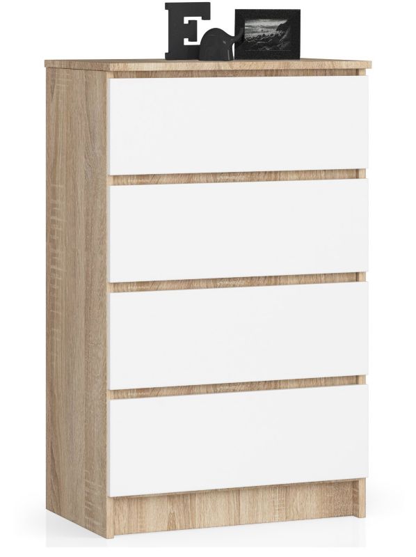 Komoda Akord K60 Dąb Sonoma 60 cm 4 szuflady kolor Biały mat 60x40x99 cm 1 szt.