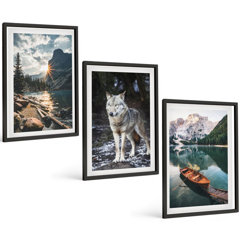 Trzyczęściowy Zestaw Obrazów ArtPrintCave 40x60 cm Czarna rama Góry jeziora wilk natura 1 kpl.