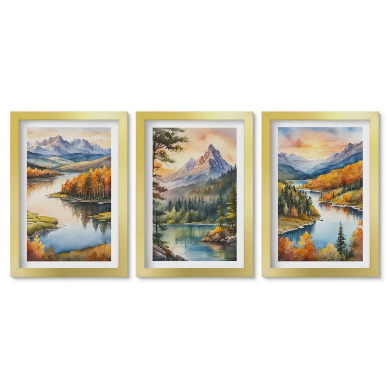 Trzy obrazy w złotej ramie zestaw Tulup 20x30 cm Górskie pejzaże z rzeką Galeria ścienna 1 kpl