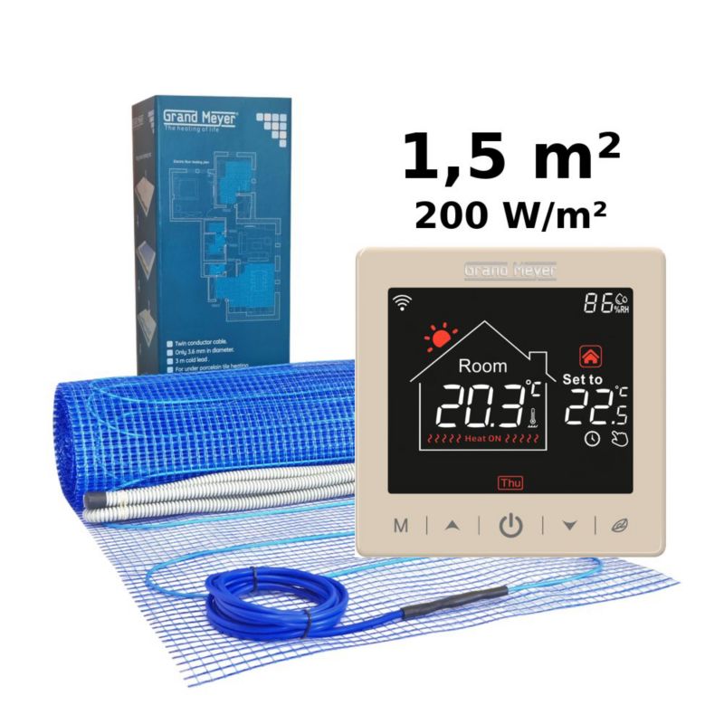 Zestaw do ogrzewania podłogowego 1,5 m², 200 W/m² + termostat SN-15 Wi-Fi programowalny, 1 szt.