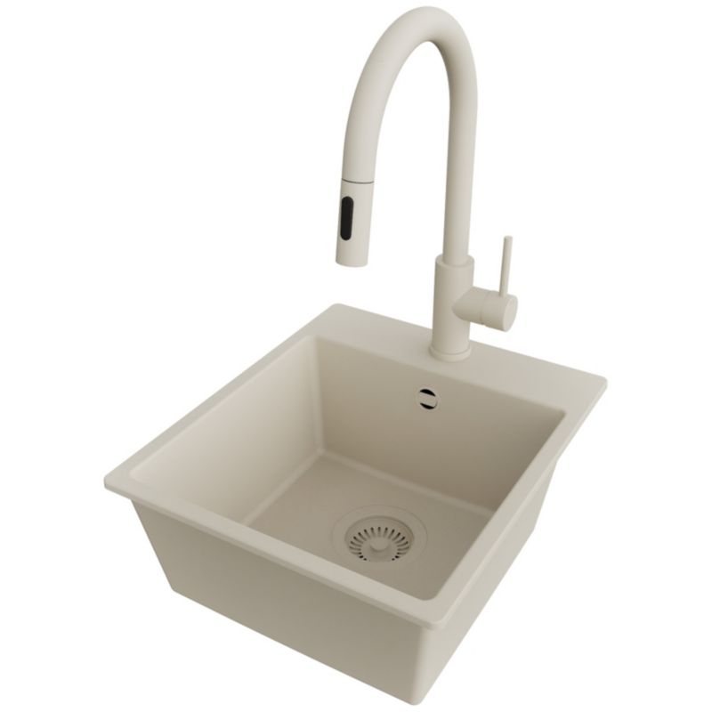 Zlewozmywak Granitowy Ryga Easy PRIMAGRAN Nablatowy 38x44cm do Szafki od 40cm, Cały Beżowy + Bateria + Syfon, S026, 1 szt.