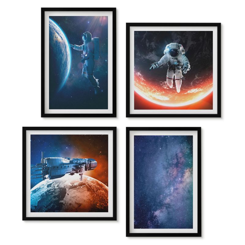 Zestaw 4 obrazów w czarnych ramach Tulup Kosmos astronauci gwiazdy Nowoczesna dekoracja salonu 1 kpl