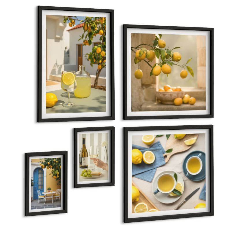 Zestaw Obrazów 5 Częściowy ArtPrintCave (2x50x50+2x20x30+40x60cm) Czarna rama Lemoniada cytrynowa patio słońce 1 kpl.