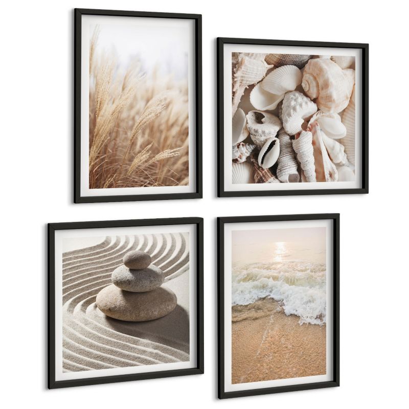 Zestaw 4 Obrazów ArtPrintCave (2x50x50+2x40x60cm) Czarna rama Motywy plażowe muszle fale 1 kpl.