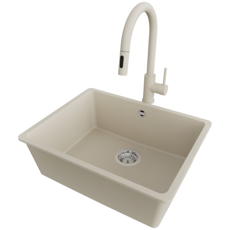 Zlew Granitowy Narożny Wenecja Easy Slim PRIMAGRAN Nablatowy 56x44cm do Szafki od 60cm, Beżowy + Bateria + Syfon, S085, 1 szt.