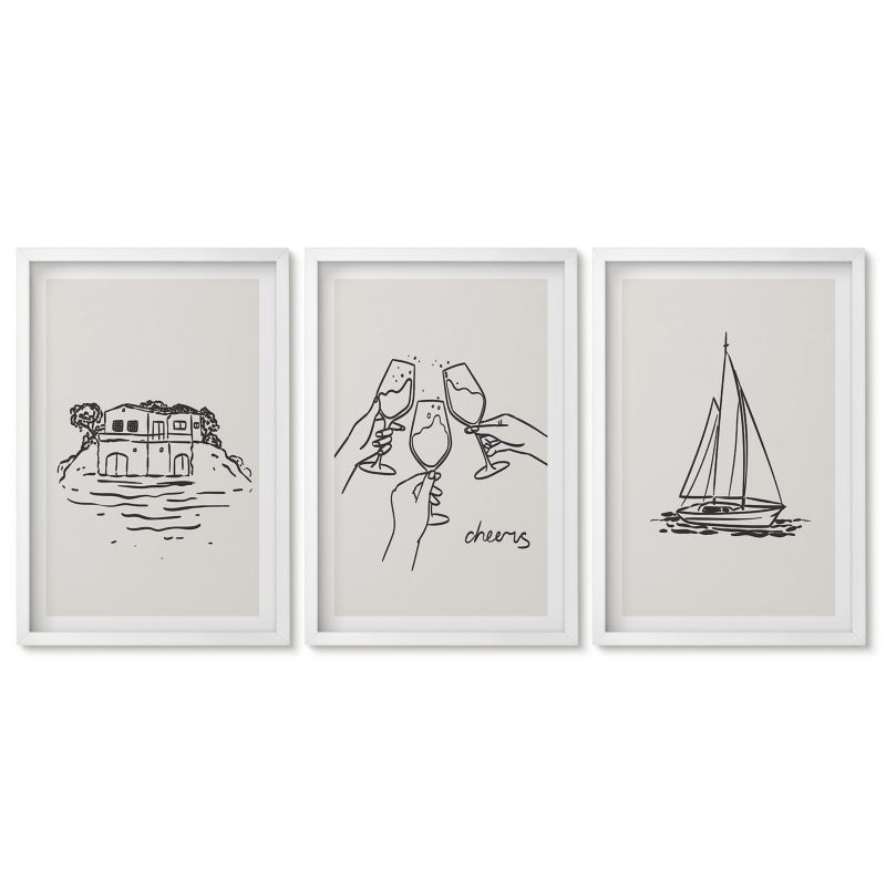 Zestaw 3 obrazów w białej ramie Tulup 40x60 cm Dom nad wodą żaglówka toast Tryptyk 1 kpl