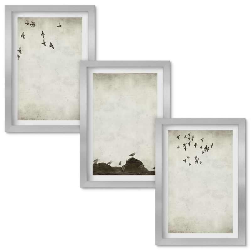 Zestaw obrazów Wallfluent Lecące ptaki minimalizm Srebrna rama 20x30cm 3 szt.