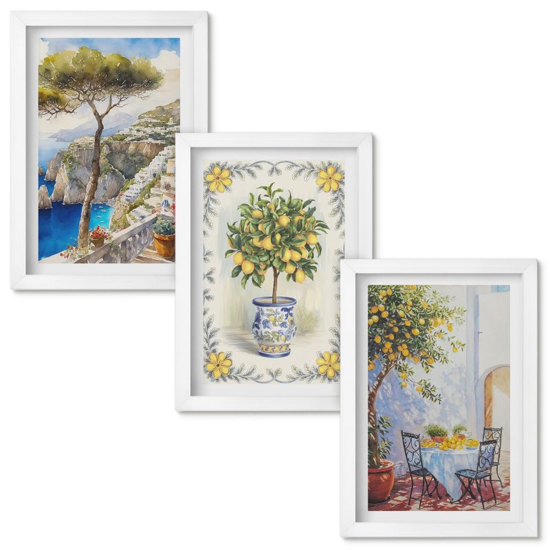 Obraz Ścienny Zestaw Wallfluent Morze drzewa cytryny widok Biała rama 20x30cm 3 szt.